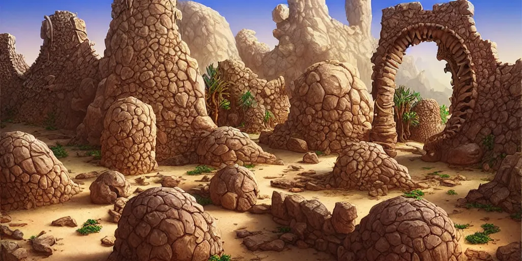 Prompt: a fantasy desert oasis landscape, ruins, bones, grottoes, arid ecosystem, digital illustration by michael whelan and leyendecker and artgerm, intricate details, surreal, photorealistic, award winning