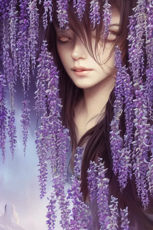 Image similar to Wisteria plant isolated on a black background, D&D, fantasy, highly detailed, digital painting, artstation, concept art, sharp focus, illustration, art by artgerm and greg rutkowski and alphonse mucha