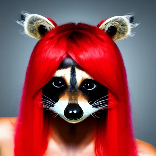 Prompt: raccoon wearing bright red wig, photo, detailed, 4 k