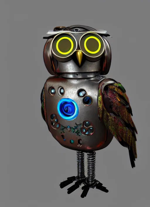 Prompt: colored pencil and pen drawing of an animatronic robot owl, bird made from rusty old keys and padlocks, 4 k photorender realityengine