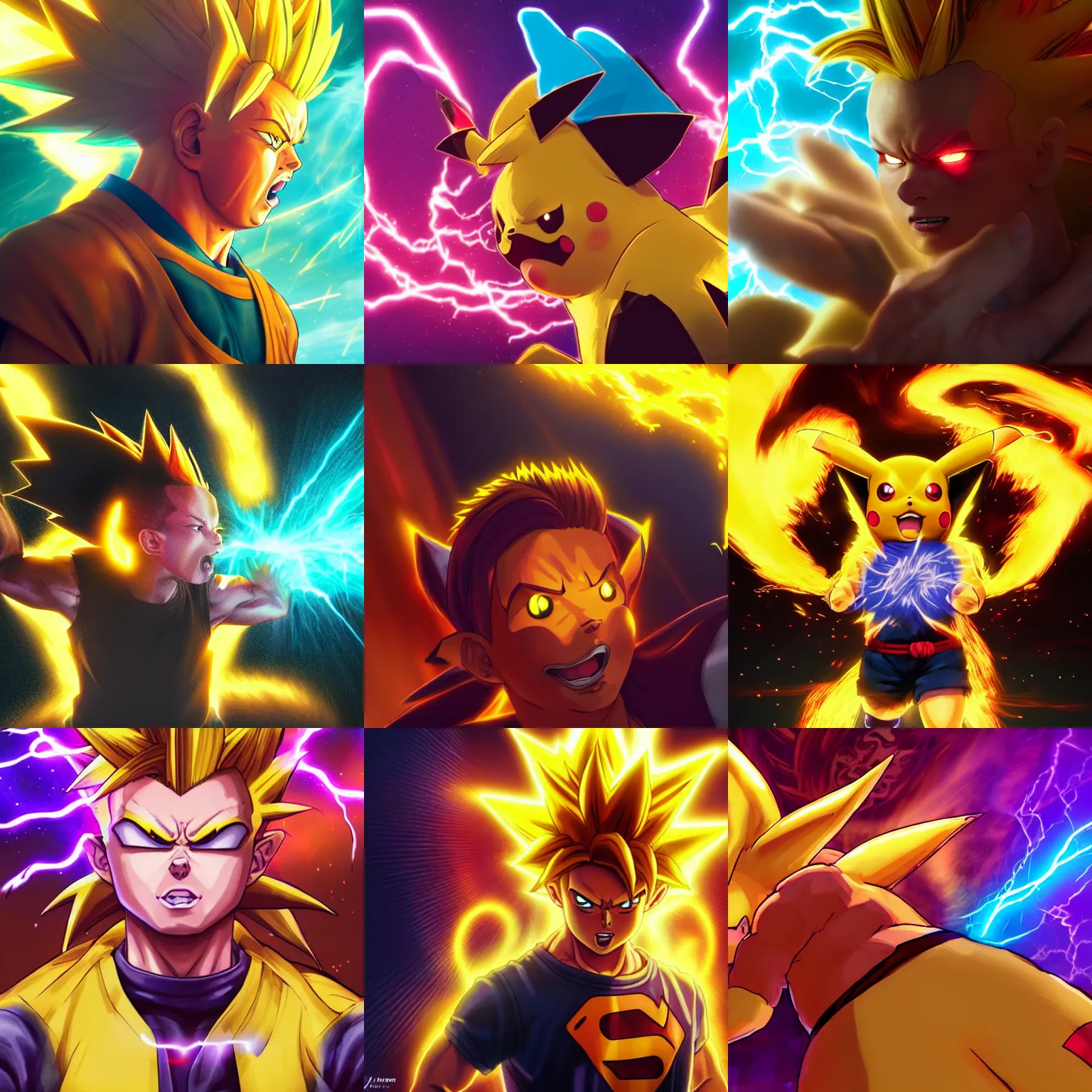 Prompt: portrait of angry pikachu turning into super saiyan 3, powering up aura, long glowing hair, intricate, epic lighting, cinematic composition, hyper realistic, 8k resolution, unreal engine 5, by Artgerm, tooth wu, dan mumford, beeple, wlop, rossdraws, James Jean, Andrei Riabovitchev, Marc Simonetti, yoshitaka Amano, Artstation