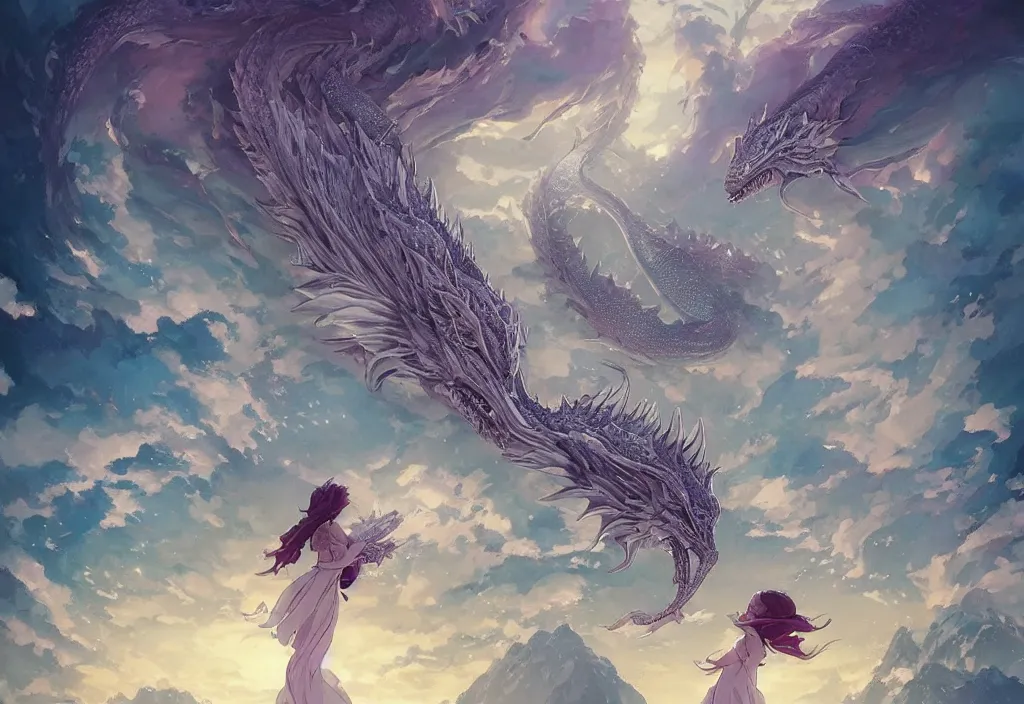 Image similar to the beautiful hyper detailed scene render that a lonely single beautiful girl lies in the arms of a huge silver dragon alone in the fairyland surrounded by white clouds, in the style of makoto shinkai victo ngai and peter mohrbacher studio ghibli artgerm karol bak beeple, cinematic, beautiful dream, ultra wide angle, animation style, 8 k hd