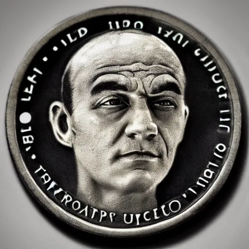 Image similar to Gregor Giesi Face stamped on a coin. 4K ultrahd. Artstation.