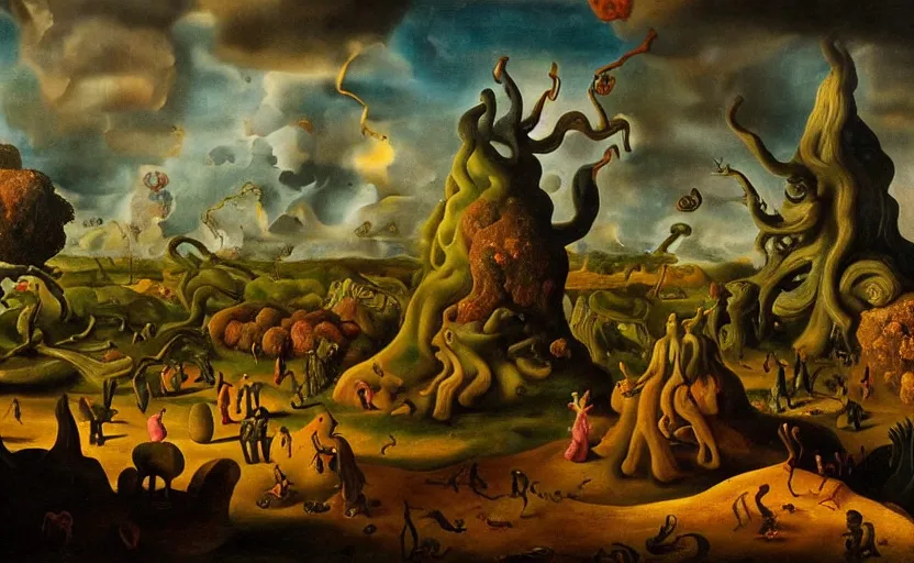 Image similar to very detailed colorful strange disturbing dutch golden age surrealistic landscape with very small humanoid strange figures in the distance with large looming biomorphic figures looming inthe foreground, cast shadows, chiaroscuro, painted by dali and rachel ruysch, timeless disturbing masterpiece perfect composition