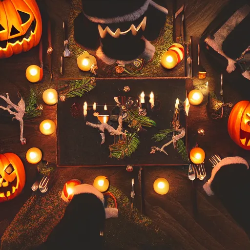 Prompt: [ christmas - halloween ]!! aesthetic!!, trending on unsplash, [ 4 k photorealism ]!!, professional photography, [ overhead view of a table ]!!, shot by jimmy nelson