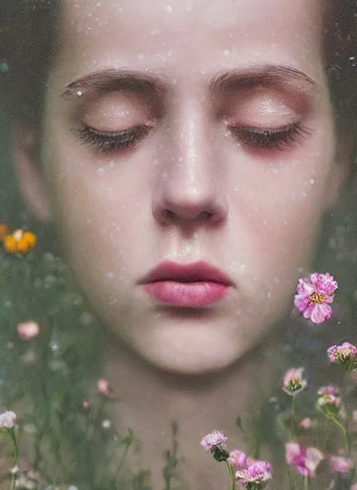 Image similar to Kodak Portra 400, 8K,ARTSTATION, Caroline Gariba, soft light, volumetric lighting, highly detailed, britt marling style 3/4 , extreme Close-up portrait photography of a Dorian Electra hiding in flowers how pre-Raphaelites with his eyes closed,inspired by Ophelia paint, his face is above water Pamukkale, raining, crying face above water in bubbles, hair are intricate with highly detailed realistic , Realistic, Refined, Highly Detailed, interstellar outdoor soft pastel lighting colors scheme, outdoor fine photography, Hyper realistic, photo realistic