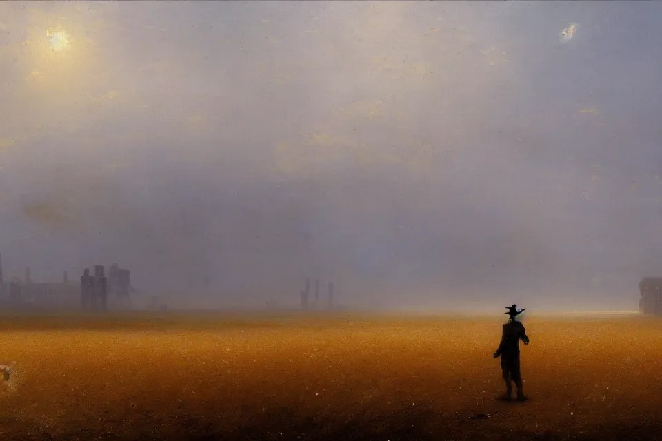 Prompt: concept art of the closed back view of one humanoid robot on the ground, many closed big tall buildings, vast wheat fields, by Ivan Aivazovsky, godrays, atmospheric, cinematic, distant world, wide angle, detailed