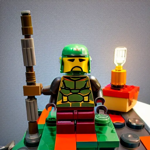 Prompt: HD photo of Intricate Lego sculpture of Boba Fett soft lighting plastic