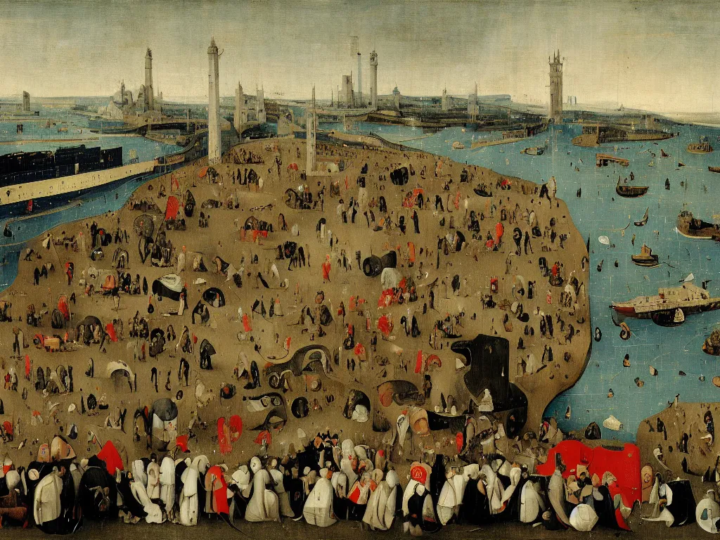 Prompt: lorries stuck in a queue at dover by hieronymus bosch, 4 k