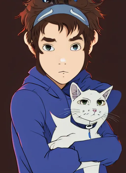 Image similar to teen boy with brown hair and big blue eyes, wearing a black hoodie with cat ears on top of it, natural lighting, path traced, highly detailed, high quality, cartoon, digital painting, by don bluth and ross tran and studio ghibli and alphonse mucha