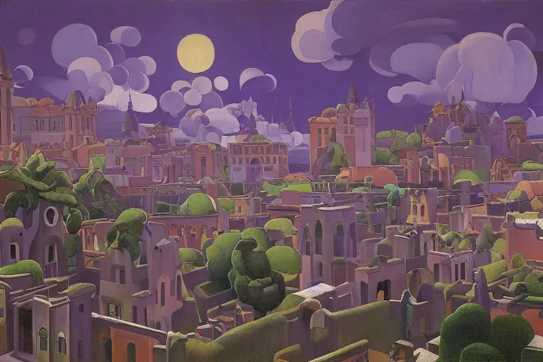 Prompt: view of the old grey city and its gardens after a storm, tall windows lit up, beautiful ornamental architecture, dramatic cinematic lighting, rich colors, by Nicholas Roerich and William Dyce and April Gornik and Sylvain Sarrailh and Ludwig Deutsch and Diego Rivera, featured on artstation