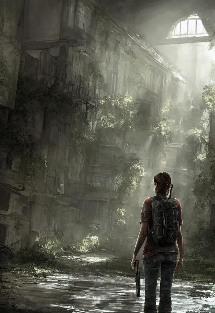 Image similar to an environmental concept art of the last of us, interior, character standing with back to camera, highly detailed, environmental light, strong lighting, cinematic by francis tneh