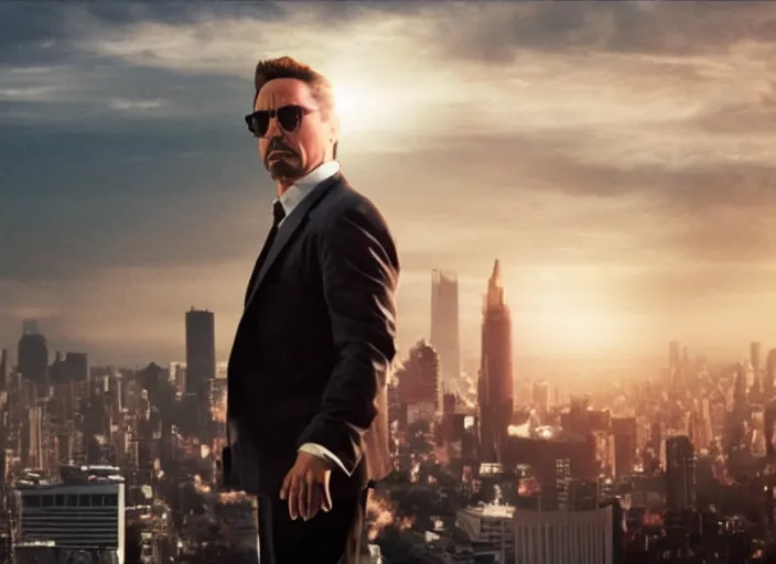 Image similar to film still of Robert Downey Jr as Cobb with the world bending in the background in Inception, 4k