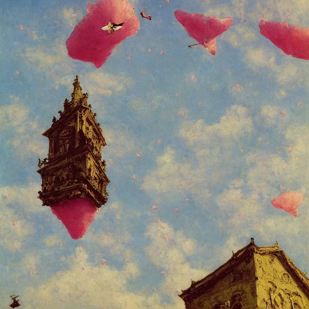 Prompt: two huge pink zepplins flying above church steeple, 1905, highly detailed colourful oil on canvas, by Ilya Repin