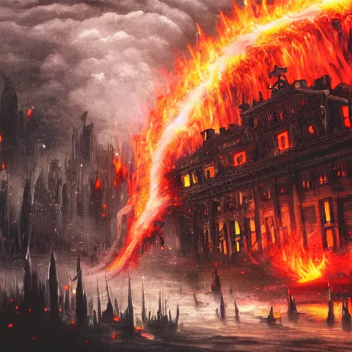 Image similar to Dark powerful creature all on fire with only one eye, destroying city, old art