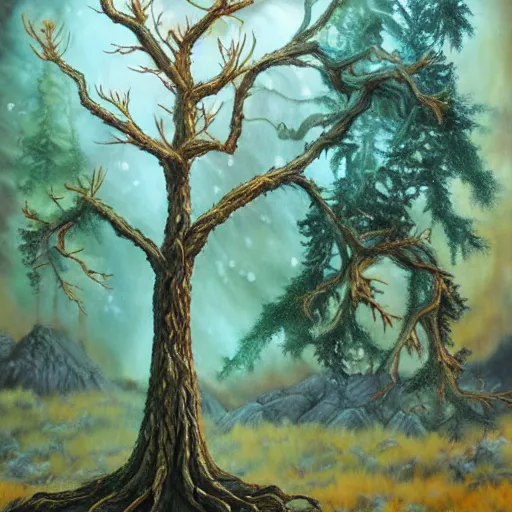 Prompt: A 34 year old tree, fantasy painting, lots of detail