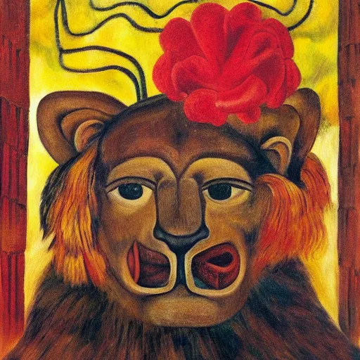 Prompt: a lion with a massive headache by frida kahlo