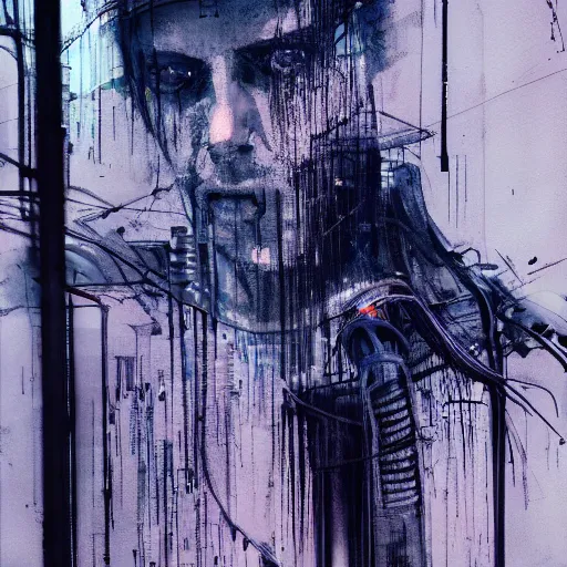 Prompt: a cyberpunk gothic noir detective, skulls, wires cybernetic implants, machine noir grimcore in cyberspace photoreal, atmospheric by jeremy mann francis bacon and agnes cecile, ink drips paint smears digital glitches