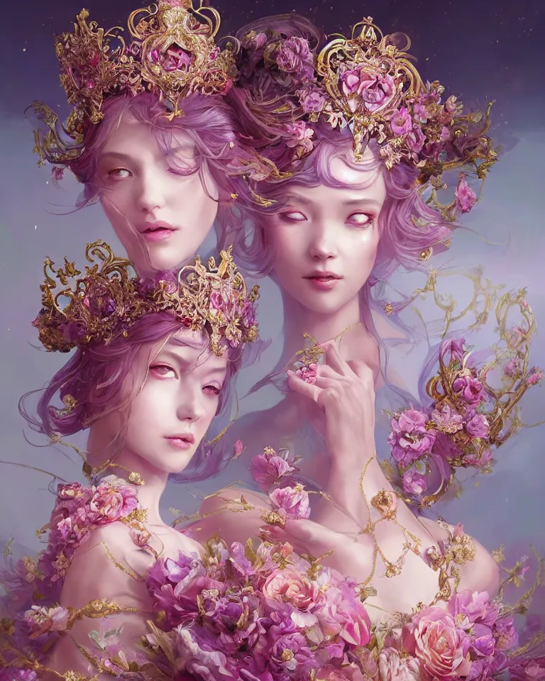 Image similar to A beautiful fantasy empress, highly detailed full body, breathtaking flower tiara, gorgeous aristocrat robe, beautiful figure, epic composition, ultra wide-shot, dynamic pose, concept art, beautifully lit, digital painting, character design, sharp focus, elegant, smooth, intricate, artstation, by WLOP and James Jean and Victo Ngai and Ryohei Hase