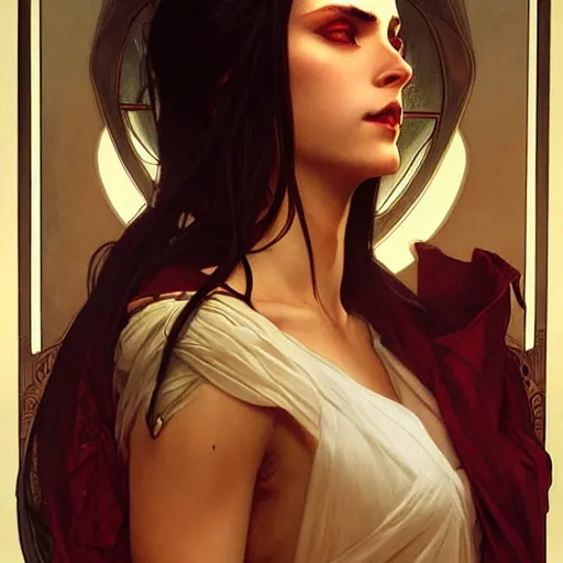 Image similar to attractive twenty first century male vampires beautiful eyes. highly detailed painting by artgerm and greg rutkowski and alphonse mucha 8 k