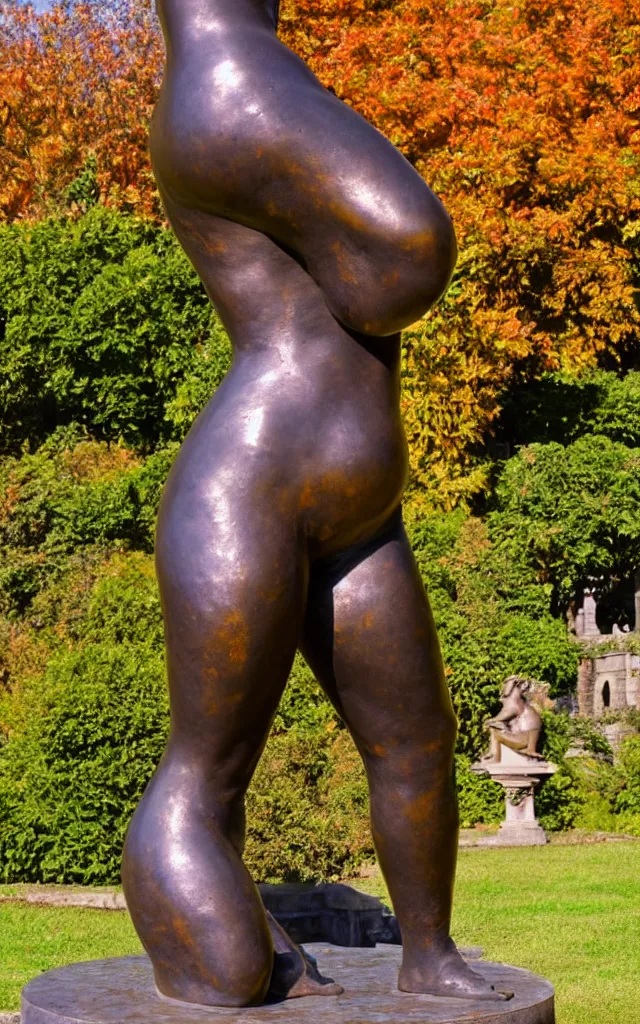 Image similar to detailed photo of old bronze patina statue of seductive curvy girl, super highly detailed, full body view, various poses, au blurry distant background with garden of ancient castel, photorealism, intricate detail, museum diffuse lighting, autumn sunlights