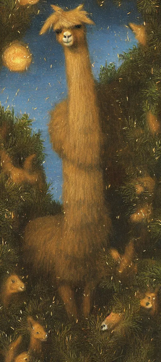 Prompt: detailed renaissance oil painting of an alpaca shaped building standing in the forest of pastel feathers lit by small fireflies at night