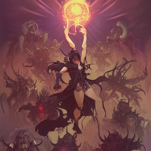 Prompt: a necromancer is fighting a horde of demons with magic, medium level shot , epic fight scene, Alphonse Mucha style , Grim fantasy, illustration ,concept art,