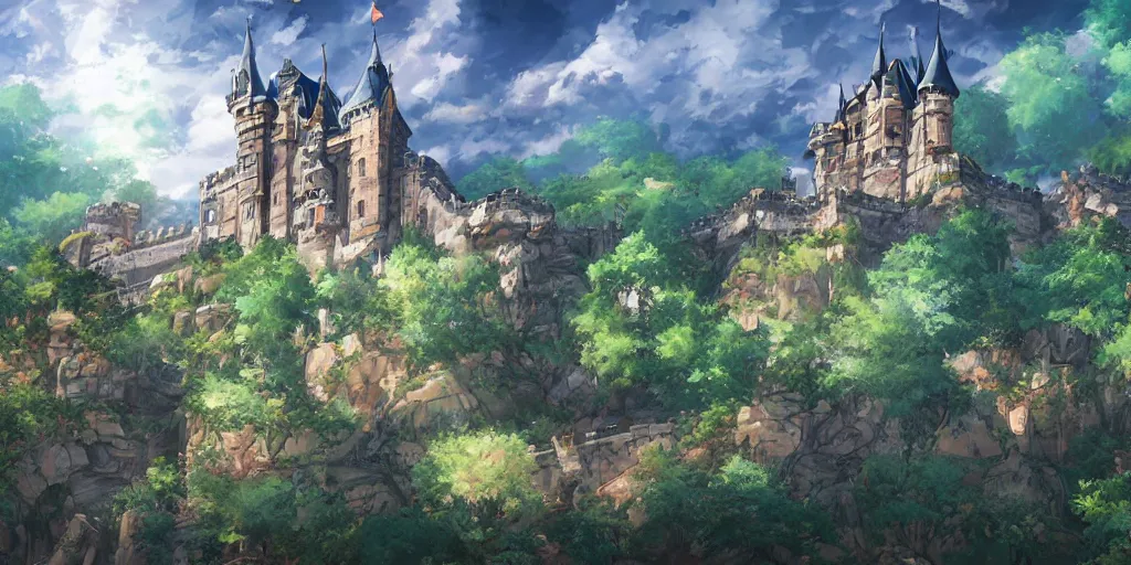 Image similar to in the middle of the fantastic wilderness stands the castle, wide, dream, shinkai makoto, rich colors, height lighting, illustration, crazy detail, hyper - detail