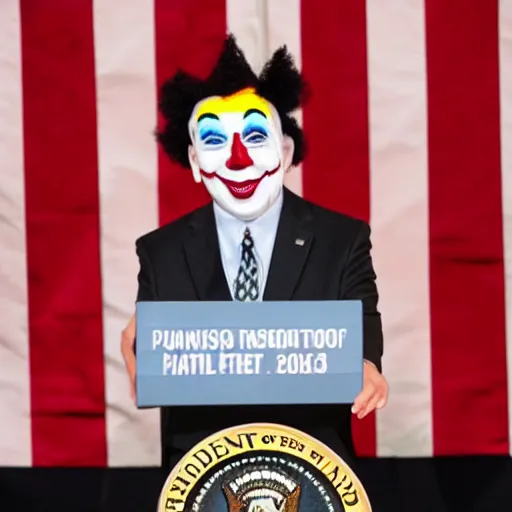 Image similar to string puppet of a president with clown makeup in a podium and a human shadow behind