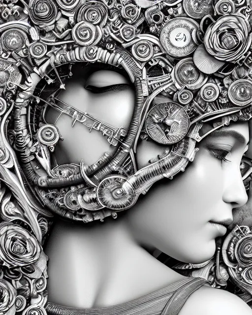 Image similar to mythical dreamy black and white organic bio-mechanical spinal ribbed profile face portrait detail of translucent steampunk beautiful siamese sisters females angelic-human-queen-vegetal-cyborg, highly detailed, intricate trnaslucent ivy jelly ornate, poetic, translucent roses ornate, 3D render, digital art, octane render, 8K artistic photography, photo-realistic, by Dora Maar