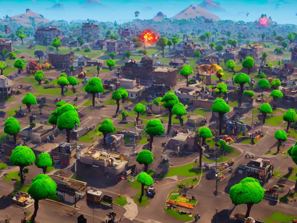 Image similar to fortnite tilted towers, 4k detailed, unreal engine, very very well detailed image, 8k