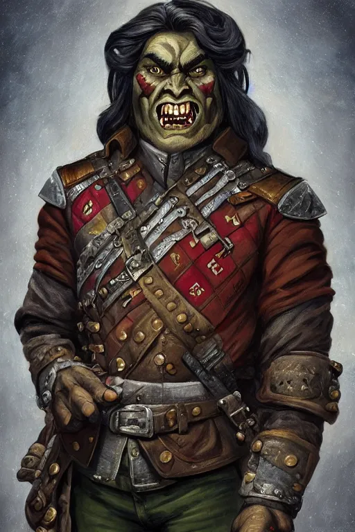 Image similar to 1 9 th century style portrait of a half orc with a bemused fanged smile on his face. dressed in a patchwork military uniform jacket with cut sleeves, runic arm tattoos, sharp focus, illustration, digital painting, art by magali villeneuve