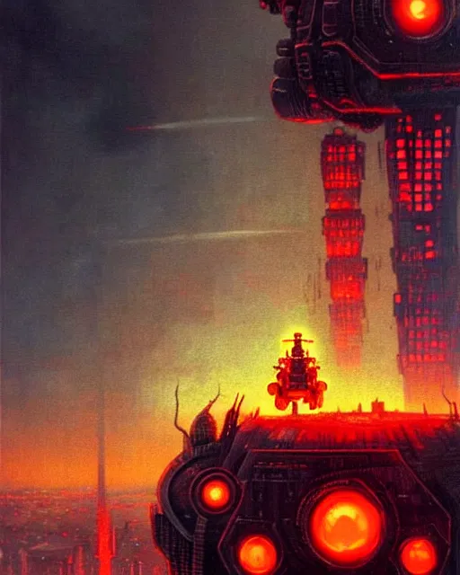 Image similar to giant robot with ominously glowing red eyes stands on top of city that is on fire, concept art, intricate details, highly detailed, in the style of chris foss, rodger dean, moebius, michael whelan, and gustave dore