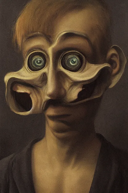 Prompt: a painting portrait of a mutant with six eyes, two noses and three mouths character art, painting by hammershøi