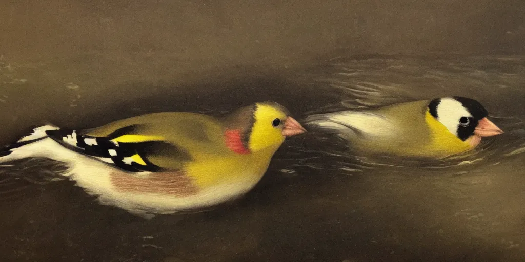 Image similar to painting of a goldfinch drowning in a river of nightmares, in the background you can see hell. by theodore gericault, realistic oil painting, 4 k, studio lightning, award winning, very detailed shadows