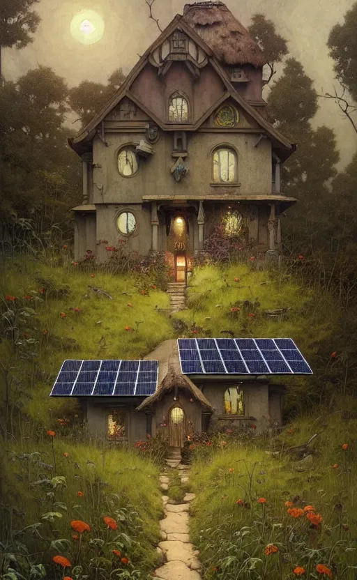 Image similar to a hyper realistic witchy cottage with solar panels on a tall hill, mountains, atmospheric lighting, lush foliage, painting by chiara bautista and tom bagshaw, mucha, beksinski and norman rockwell and greg rutkowski weta studio, and lucasfilm