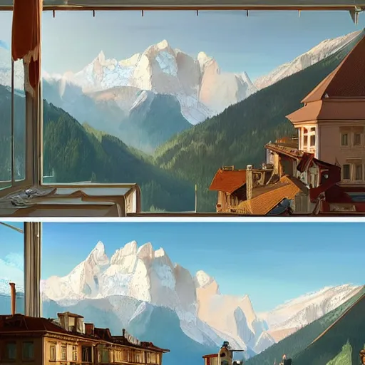 Image similar to Poetic sequence in Mr. Clean, a movie by Wes Anderson starring Adrian Brody. Adrian Brody tries to clean the windows of a large hotel in the Alps with mountain in the background. Elegant, intricate, digital painting, artstation, concept art, smooth, sharp focus, illustration, art by artgerm and greg rutkowski and alphonse mucha