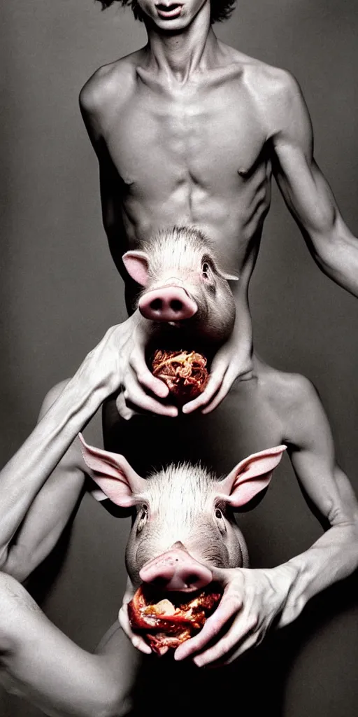 Prompt: award winning photo of ANOREXIC ROBERT BARRET EATING A PIG, vivid colors, happy, symmetrical face, beautiful eyes, studio lighting, wide shot art by Sally Mann & Arnold Newman