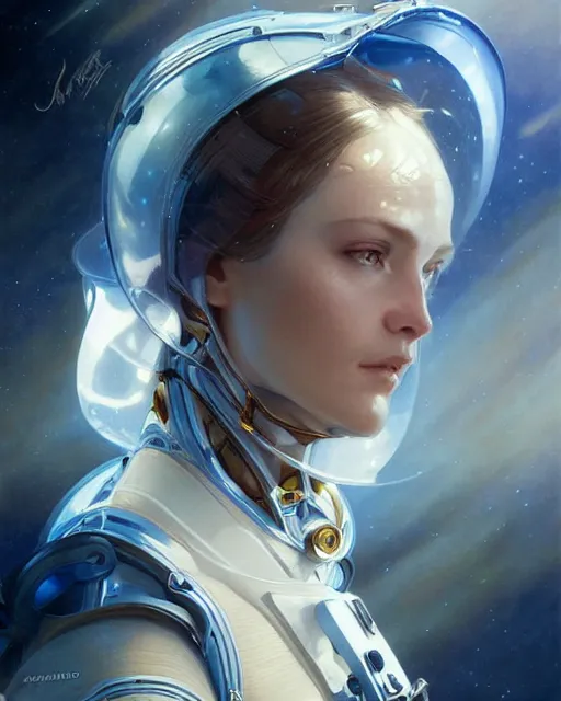 Image similar to portrait of renee boling, spacesuit, blue eyes, real life skin, intricate, elegant, highly detailed, artstation, concept art, smooth, sharp focus, art by artgerm and greg rutkowski and alphonse mucha