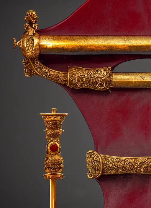 Prompt: 500mm photo of a dark red liquid blade sword with a golden handle, museum exhibit