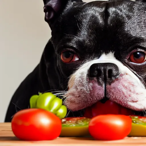 Image similar to boston terrier with a beard eating tomato's with cheese, photorealistic, high detail, 8 k resolution