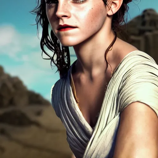 Image similar to Emma Watson modeling as Rey in Star Wars, (EOS 5DS R, ISO100, f/8, 1/125, 84mm, postprocessed, crisp face, photoshopped, facial features)