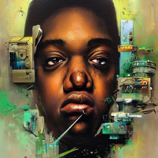 Prompt: a beatiful painting of portrait, A biggie smalls, cyberpunk, by Mizuri AU and Soufiane Idrassi and BONDARTS and Tomasz Alen Kopera and Klaus Wittmann and Deathburger and Daniel Romanovsky and Aku, trending on artststion