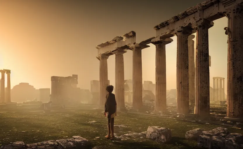 Image similar to a 3 d render of a person standing in the ruins of an ancient city in the morning mist, greek and roman ruins, bokeh, canon 5 0 mm, cinematic lighting, volumetric light, octane, octane render, redshift render, golden hour, pompeii