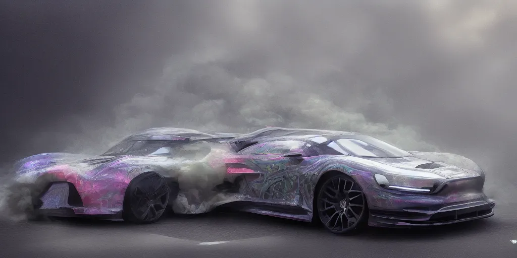 Image similar to full view of a sport car, surrounded in a detailed smoke, wet street, painted in dark color holographic pearlescent, elegant, digital painting, concept art, smooth, sharp focus, art style from Wang Ke and Greg Rutkowski and Bruce Kaiser and Scott Robertson and Dmitry Mazurkevich and Doruk Erdem and Jon Sibal, small style cue from Mad Max