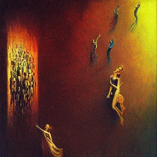 Prompt: Carmen sings beautifully, mesmerizing a crowd and shattering worlds- contest-winning artwork by Salvador Dali, Beksinski and Monet. Stunning lighting