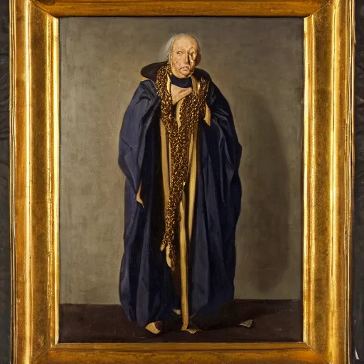 Image similar to a man wearing a long cloak and hood, holding golden chains, oil painting, portrait, high detail