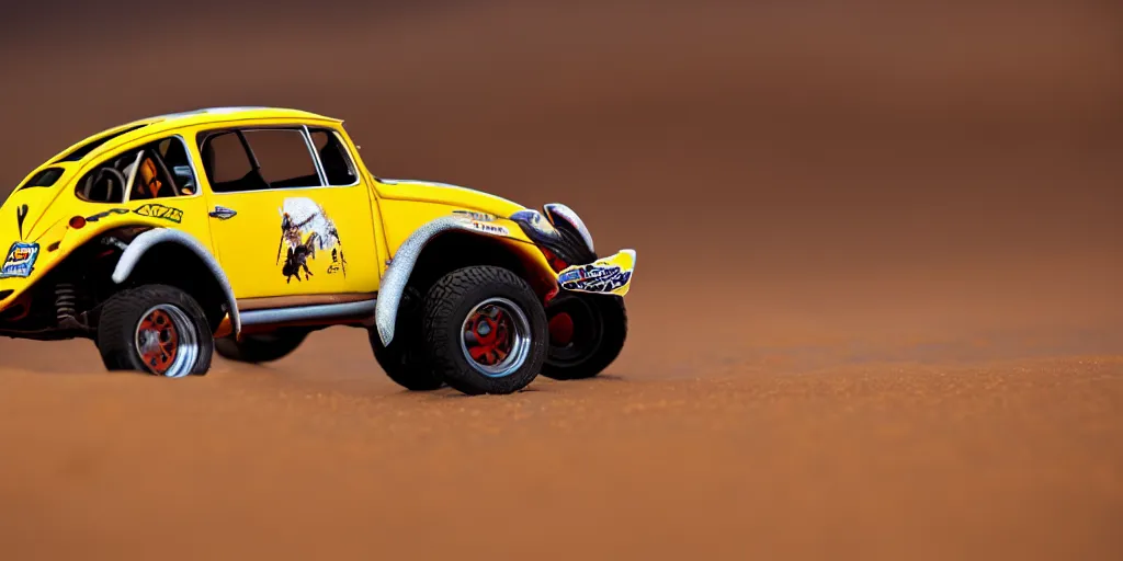 Image similar to Hot Wheels, VW BAJA BUG, trophy truck, cinematic, Maxxis, 8k, depth of field, mexican desert, bokeh, DAKAR.