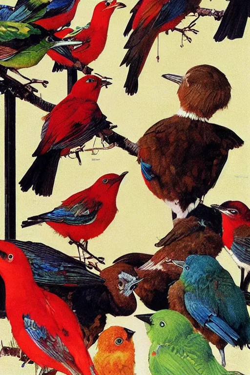 Image similar to colorful birds drinking cola by norman rockwell