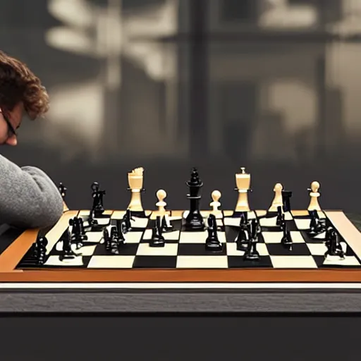 Image similar to a robot playing chess with Magnus Carlsen, photorealistic, cinematic, 4K, award-winning